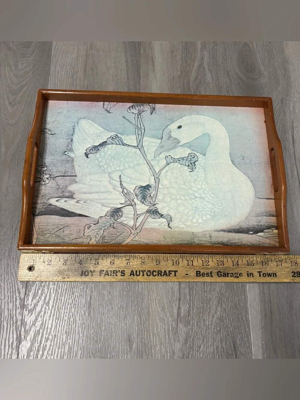 Vintage Cottage Core Farmhouse Wooden Swan Food Tray with Brass Handle Corners